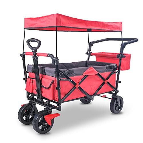 Carro plegable con techo, carro plegable para exteriores, carro de transporte con barra telescópica, carro de playa, con frenos, ruedas grandes adecuadas para todo tipo de terrenos, color rojo