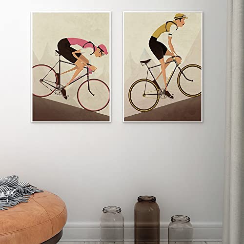 Carteles e impresiones Estilo vintage Bicicleta Ciclista Estampado Bicicleta Retro Foto Póster Regalo para decoración de baño Carrera Arte de la pared Sala de estar 2 piezas 60x80cm sin marco