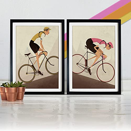 Carteles e impresiones Estilo vintage Bicicleta Ciclista Estampado Bicicleta Retro Foto Póster Regalo para decoración de baño Carrera Arte de la pared Sala de estar 2 piezas 60x80cm sin marco