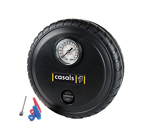 Casals VTI260 - Mini compresor de aire, presión máx.260 psi, alimentación de 12 V, cable de mechero de 3 metros, manguera de aire de 40 cm, boquillas distintos tamaños, fácil almacenaje, negro