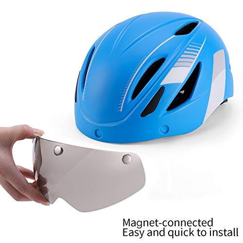 Casco Bicicleta Adulto Cascos de Ciclismo para Adultos con Gafas Desmontables y Luz Trasera LED Recargable Casco Bici Ligero Unisex Protección de Seguridad para Montar Carretera (Azul , 57-61CM)