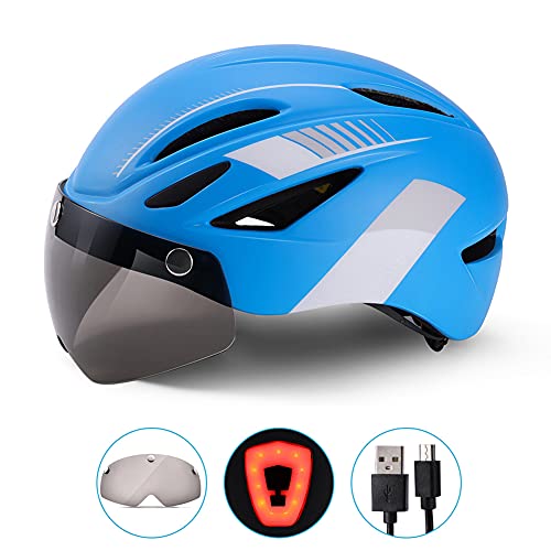 Casco Bicicleta Adulto Cascos de Ciclismo para Adultos con Gafas Desmontables y Luz Trasera LED Recargable Casco Bici Ligero Unisex Protección de Seguridad para Montar Carretera (Azul , 57-61CM)