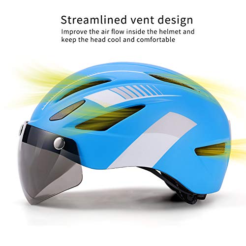 Casco Bicicleta Adulto Cascos de Ciclismo para Adultos con Gafas Desmontables y Luz Trasera LED Recargable Casco Bici Ligero Unisex Protección de Seguridad para Montar Carretera (Azul , 57-61CM)