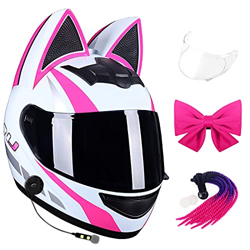 Casco Bluetooth Para Motocicleta Con Orejas De Gato Para Hombres Y Mujeres, Con Extensión De Cabello Tejida Personalizada + Lazo Rosa + Lente Transparente Antivaho Casco Integral Aprobado Por DOT