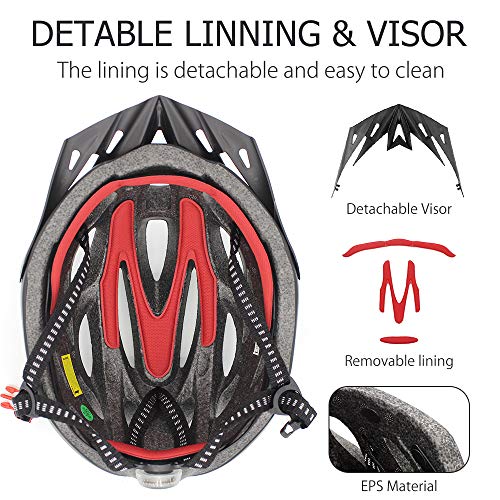 Casco de Bicicleta para Adultos, Cascos de Bicicleta Ligeros Ajustables para Hombres y Mujeres, Casco de Bicicleta de Carretera y montaña con Visera Desmontable y luz LED Trasera (Negro + Amarillo)