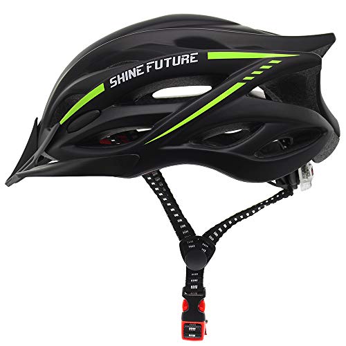 Casco de Bicicleta para Adultos, Cascos de Bicicleta Ligeros Ajustables para Hombres y Mujeres, Casco de Bicicleta de Carretera y montaña con Visera Desmontable y luz LED Trasera (Negro + Amarillo)