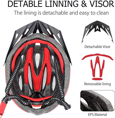 Casco de Bicicleta para Adultos, Cascos de Bicicleta Ligeros Ajustables para Hombres y Mujeres, Casco de Bicicleta de Carretera y montaña con Visera Desmontable y luz LED Trasera (Negro + Amarillo)