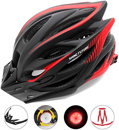 Casco de Bicicleta para Adultos, Cascos de Bicicleta Ligeros Ajustables para Hombres y Mujeres, Casco de Bicicleta de Carretera y montaña con Visera Desmontable y luz LED Trasera (Negro + Rojo -1)