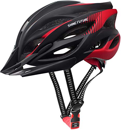 Casco de Bicicleta para Adultos, Cascos de Bicicleta Ligeros Ajustables para Hombres y Mujeres, Casco de Bicicleta de Carretera y montaña con Visera Desmontable y luz LED Trasera (Negro + Rojo -1)