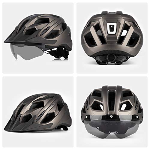 Casco de Bicicleta para Adultos con luz Trasera Recargable, Casco de Ciclista con Visera Desmontable y Gafas magnéticas para Hombres y Mujeres (58-62cm)