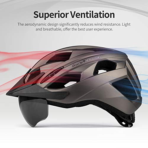 Casco de Bicicleta para Adultos con luz Trasera Recargable, Casco de Ciclista con Visera Desmontable y Gafas magnéticas para Hombres y Mujeres (58-62cm)