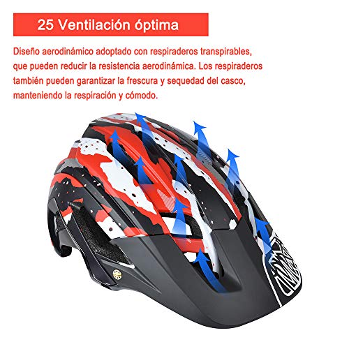 Casco de Ciclismo, 300g 56-60cm Casco Ligero de Bicicleta de Montaña con Visera Desmontable, Ajuste Ajustable, 15 Vetns MTB Asco para Hombres y Mujeres Adultos, Rojo + Negro …