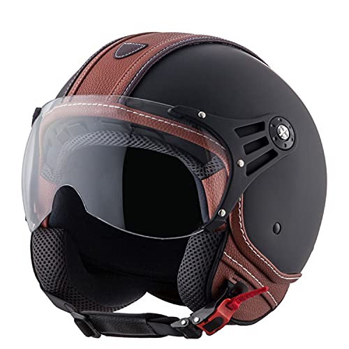 Casco de Moto Retro Medio Cuero De PU Abierto con Gafas de Aviador Cascos Jet Vintage Cruiser Unisex Moto Scooter Medio Casco Jet Estilo Alemán ECE Homologado I,M