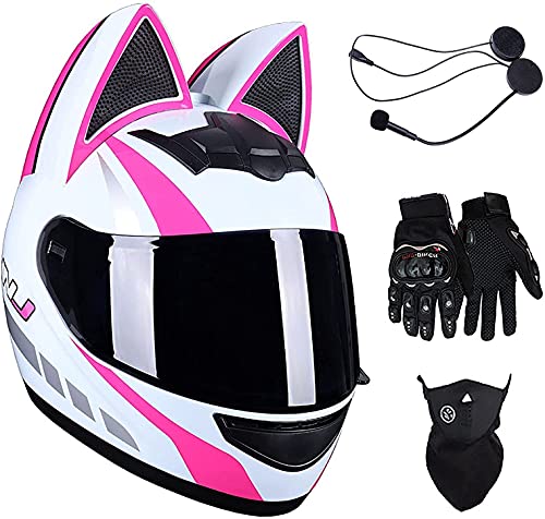 Casco De Motocicleta Con Orejas De Gato Para Niña, Auriculares Bluetooth Lente Antivaho Transparente Lazo Rosa Carreras De Campo Traviesa Casco Integral Anticolisión Aprobado Por DOT E2,M