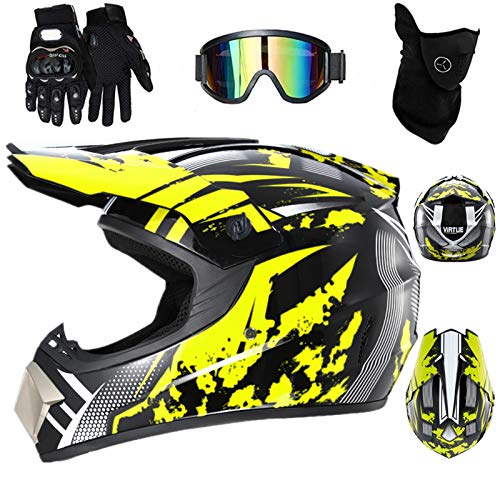Casco de motocross infantil para motocross, D. O. T, homologado para Cross Country MTB para adulto, para adulto, con guantes, gafas, máscara (amarillo)