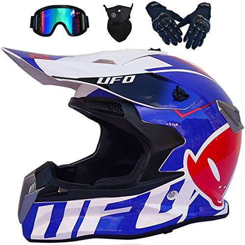 Casco Motocross Niño, DTC & ECE Certificación Casco Downhill moto para Adultos hombres/mujeres Cascos Cross Dirt Bike Set para Bikes BMX Bicicleta MTB ATV Offroad DH Casco, UFO Azul