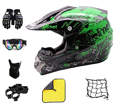 Casco Motocross niño Verde Set de Cascos de Cross con Gafas para Moto Cross Enduro MTB Quad BMX Bicicleta ATV Go-Kart D.O.T Standard Baratos (Juego de 7 Piezas) (S(55-56 CM))