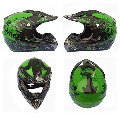 Casco Motocross niño Verde Set de Cascos de Cross con Gafas para Moto Cross Enduro MTB Quad BMX Bicicleta ATV Go-Kart D.O.T Standard Baratos (Juego de 7 Piezas) (S(55-56 CM))