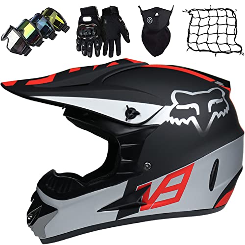 Casco Motocross Niños de 5 a 14 Años,Casco Moto Infantil con Gafas Guantes Máscara Red elástica,Casco Cross Integral Chico y Chica para Bici MTB Downhill Enduro,con Diseño FOX,Negro Plateado,S