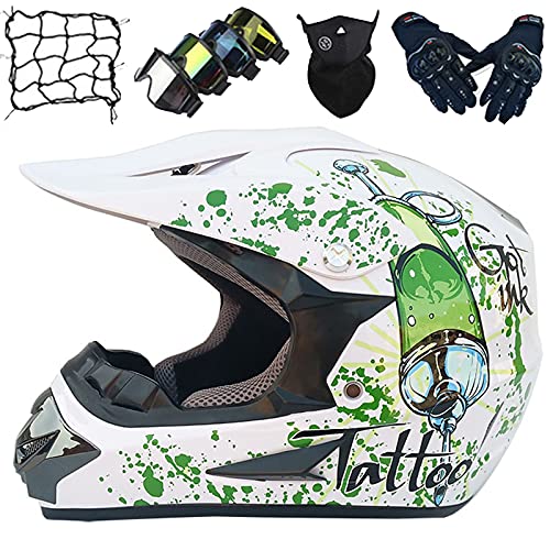 Casco Motocross Niños S (52-53 cm), Juegos de Cascos Rally Campo Traviesa Motocicleta para Adultos &Jóvenes (5 piezas) Casco Unisex Descenso para MTB BMX Racing Dirt Bike Antiniebla Casco - Blanco