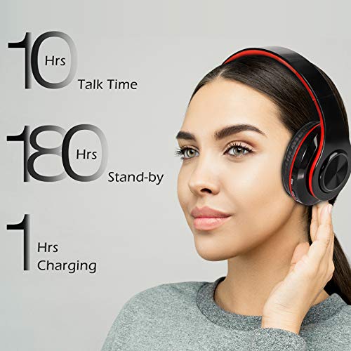 Cascos Diadema Inalámbricos Bluetooth,Sendowtek Cascos Bluetooth Inalámbrico,Auriculares estéreo de Alta fidelidad con cancelación de Ruido(Negro Rojo)