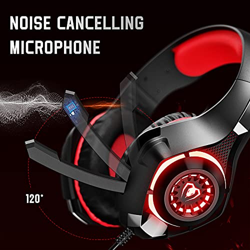 Cascos Gaming Premium Stereo con Microfono para PS4 PS5 PC Xbox One, Auriculares Gaming con Bass Surround Cancelacion Ruido, Diadema Acolchada y Ajustable