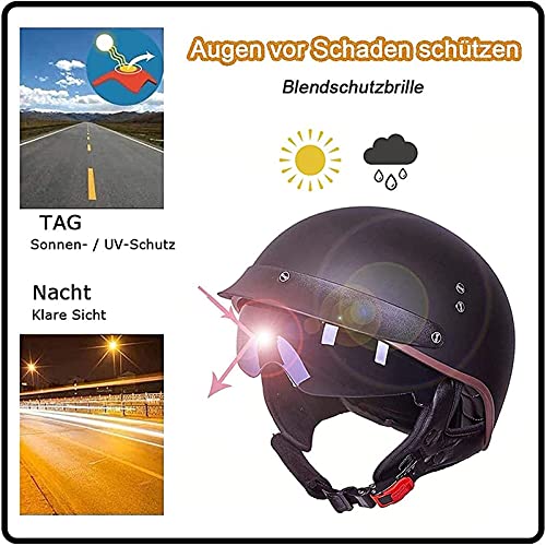 Cascos Moto Cascos Half-Helmet Abierto Medio Casco e Motocicleta Retro ECE Homologado con Visera Cascos Vintage Style Helmet Bici Viaje Crucero Scooter Bicicleta para Adultos Hombres Mujeres 1,L