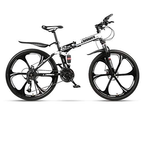 CCONE Folding Mountain Bike,21 24 27 30 Velocidad 6 Spoke Disc Bicycle Full Suspension 24 Pulgadas MTB Bicicletas para Adultos Adolescentes Blanco+Negro 27 Velocidad