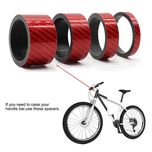 CCUCKY Espaciadores Bicicleta, Espaciador de Carbono Completo para Bicicletas de Montaña de 1-1/8'' Bicicletas de Carretera 4 Tamaños 5/10/15/20 mm (Rojo)