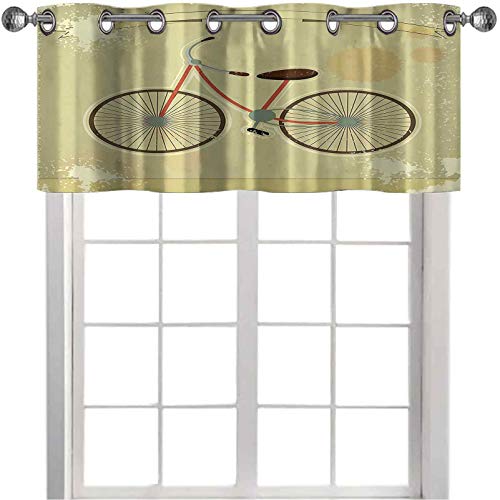 Cenefa de cortina con filtro de luz postal de una bicicleta retro sobre fondo grunge impresión ilustración impresión de 91,44 x 45,72 cm para ventana de salón, color marrón y caqui