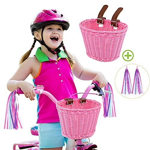 Cesta Bicicleta Infantil NiñA Delantera, NiñOs Cesta Ciclista Tejida a Mano y 1 Par Borlas Bicicleta Manillar con Correas de Cuero de FáCil InstalacióN Desmontables (Rosa)