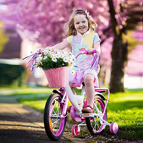 Cesta Bicicleta Infantil NiñA Delantera, NiñOs Cesta Ciclista Tejida a Mano y 1 Par Borlas Bicicleta Manillar con Correas de Cuero de FáCil InstalacióN Desmontables (Rosa)