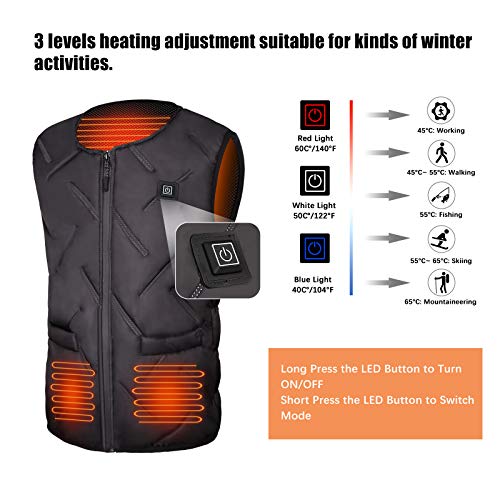 Chaleco Calefactable Eléctrico, USB Chalecos Termico Hombre Mujer, 3 Temperatura Ajustable, Lavable Chaqueta Térmica Calefactores Chaleco Cálido de Invierno para Moto Pesca Caza Acampada Esquí