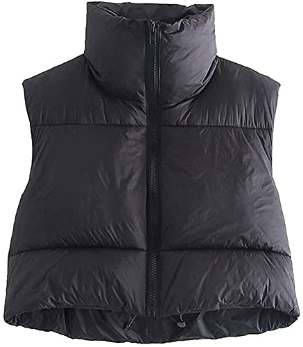 Chaleco Corto de Invierno para Mujer con Cuello levantado Chaleco Acolchado con Cremallera sin Mangas Chaleco de Invierno Chaqueta Caliente (Black,S)