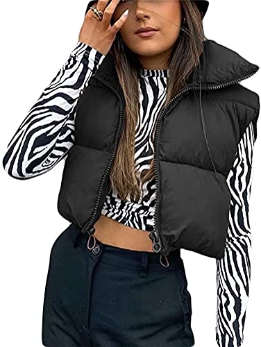 Chaleco Corto de Invierno para Mujer con Cuello levantado Chaleco Acolchado con Cremallera sin Mangas Chaleco de Invierno Chaqueta Caliente (Black,S)