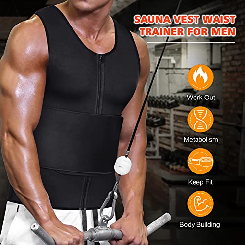 Chaleco de sauna para hombre para entrenamiento de cintura y pérdida de peso, parte superior de neopreno, ajustable para sauna, entrenamiento con cremallera en forma de cuerpo - Negro - X-Large