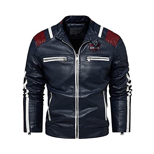 Chaqueta De Cuero Para Hombres - Vintage Fleece Stripe Patchwork Stand-Up Collar Winter Biker Pu Leather Jackets, Casual Windproof Motorcycle Multi Pocket Coats, Transition Soft Male Overwear, Blue,