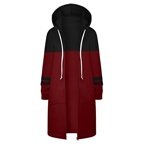 Chaqueta de forro polar hasta la rodilla para mujer, informal, holgada, con cremallera, sudadera con capucha larga y con bolsillos, Vino, 3XL