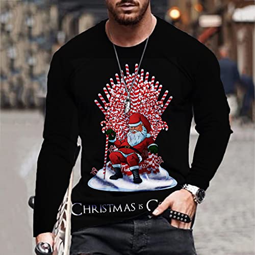 Chejarity Camiseta de manga larga para hombre con estampado de Papá Noel, cuello redondo, corte ajustado, estilo retro y casual., Negro , XXXL