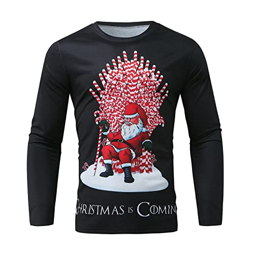 Chejarity Camiseta de manga larga para hombre con estampado de Papá Noel, cuello redondo, corte ajustado, estilo retro y casual., Negro , XXXL