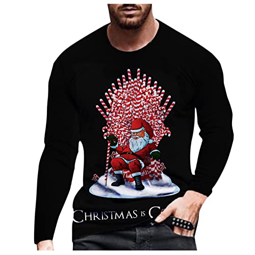 Chejarity Camiseta de manga larga para hombre con estampado de Papá Noel, cuello redondo, corte ajustado, estilo retro y casual., Negro , XXXL