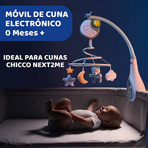 Chicco Next2Dreams Carrusel Móvil Bebé con Luces y Música - 3 en 1 Móvil Compatible con Cuna Next2Me o Minicunas Colecho/Viaje, Efectos de Sonido, Proyector de Luz Nocturna y Música Clásica, 0m+, Azul