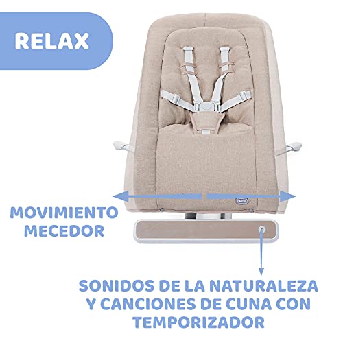 Chicco Rhythm'n'Sound Hamaca Bebé Electrónica para Bebés hasta 9 Kg, con Sonidos de la Naturaleza y Nanas, Balancín Bebé Automático, Respaldo Reclinable, Cierre Compacto y Cable USB – Beige (Sand)