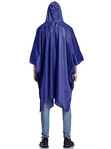 Chubasquero Hombre Poncho de Lluvia Reutilizable Capa Impermeable Multifuncional con Capucha Ligero Adulto al Aire Libre Azul