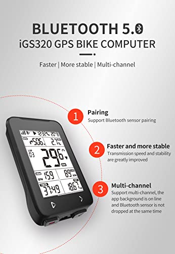 Ciclocomputador GPS iGS320, ordenador de bicicleta inalámbrico impermeable IPX7 Navegación GPS, compatible con sensores ANT+, contador de kilómetros MTB Tracker apto para todas las bicicletas