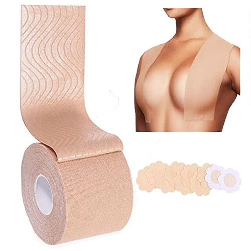 Cinta de Pechos para Levantar Sujetador Cinta Invisible Push Up Pecho Autoadhesivo con 5 Pares de Cubiertas para pezones Cinta de elevación DIY para Copas A-E