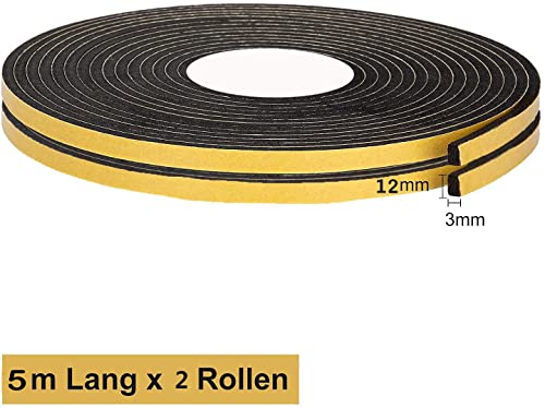 Cinta selladora de 2 rollos de espuma, 5 metros autoadhesiva para sellar colisiones contra corrientes de 12mm x 3 mm cinta de espuma, usada para sellar puertas y ventanas (negra)