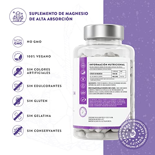 Citrato de Magnesio Capsulas de AAVALABS [1496 mg por dosis diaria] - Alta Dosis de Magnesio Elemental [448.8 mg por dosis] - Puro y Vegano - 180 Cápsulas - Dosis Diaria 2 Cápsulas