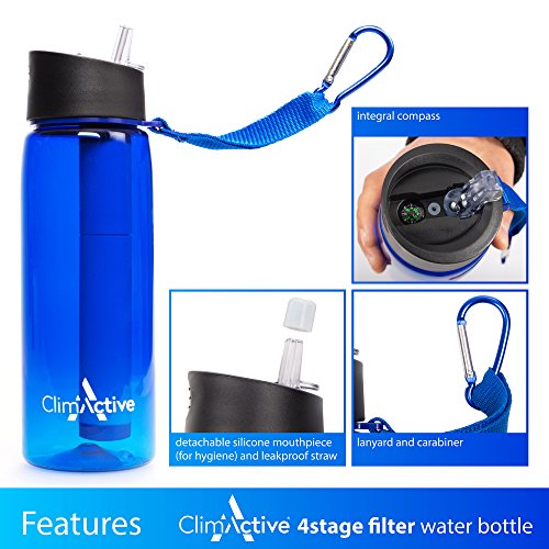 ClimActive Premium - Botella purificadora de agua con mosquetón - 4 etapas 650 ml botella que contiene agua purificando filtro pajita, para senderismo, camping, ciclismo y pesca