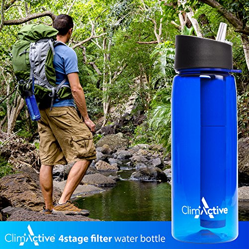 ClimActive Premium - Botella purificadora de agua con mosquetón - 4 etapas 650 ml botella que contiene agua purificando filtro pajita, para senderismo, camping, ciclismo y pesca
